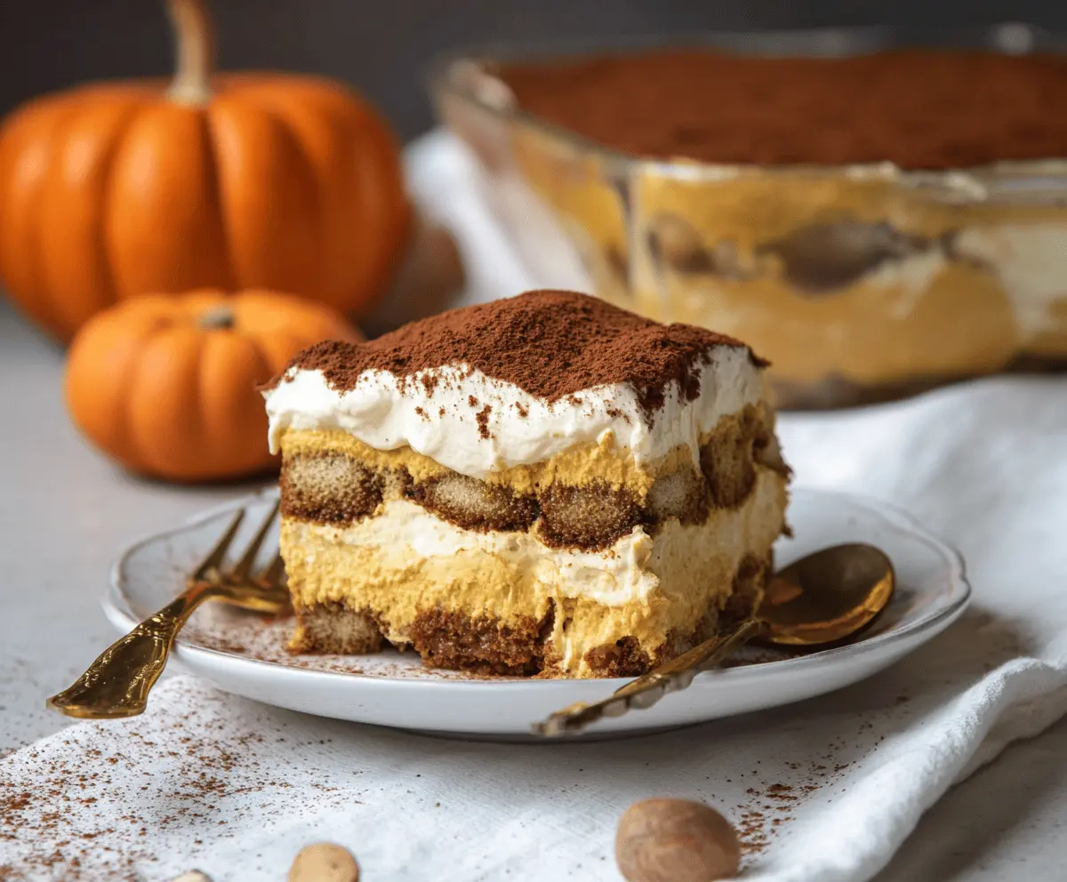 Delicious pumpkin tiramisu dessert layered with mascarpone cream and pumpkin spice, topped with cocoa powder and pumpkin seeds.