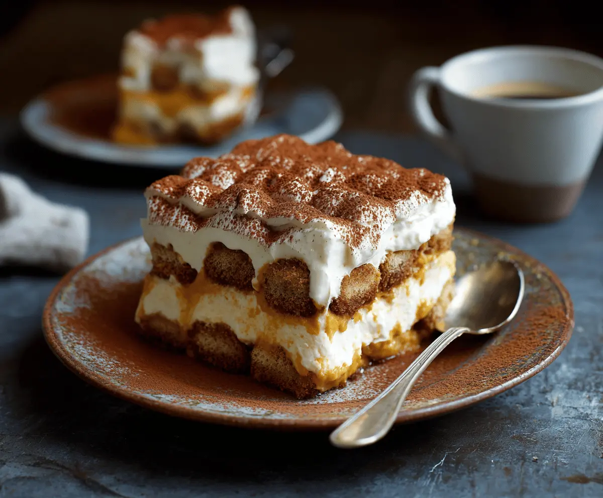 Delicious Pumpkin Tiramisu dessert layered with mascarpone cheese, pumpkin puree, and coffee-soaked ladyfingers, garnished with cocoa powder and cinnamon on top.