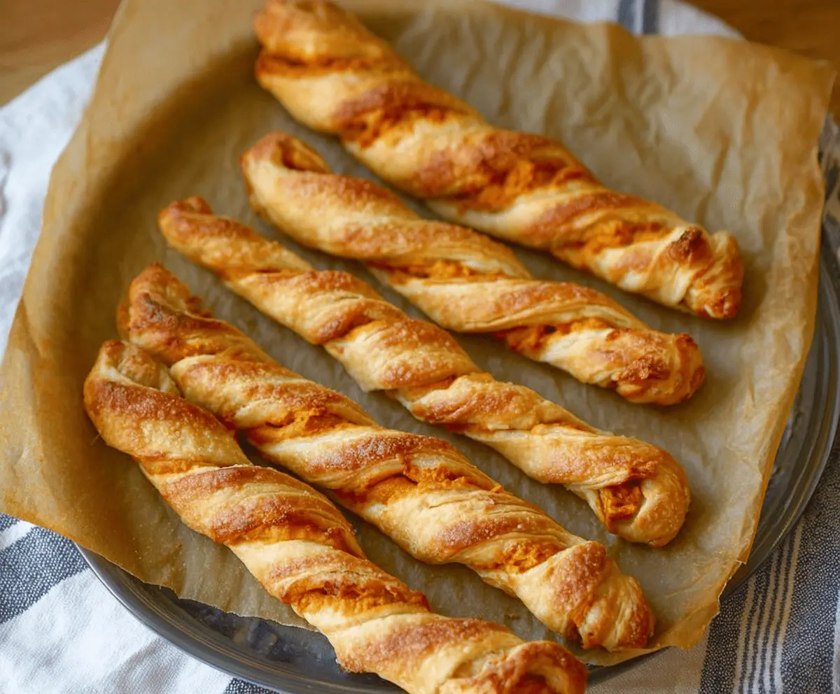 Golden pumpkin twists with a flaky, buttery crust topped with a sprinkle of cinnamon, served on a rustic wooden platter.