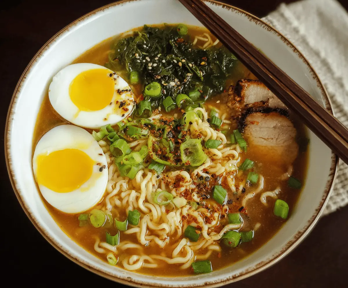 A steaming bowl of flavorful ramen noodle soup topped with sliced pork, soft-boiled eggs, green onions, and bamboo shoots in a savory broth.