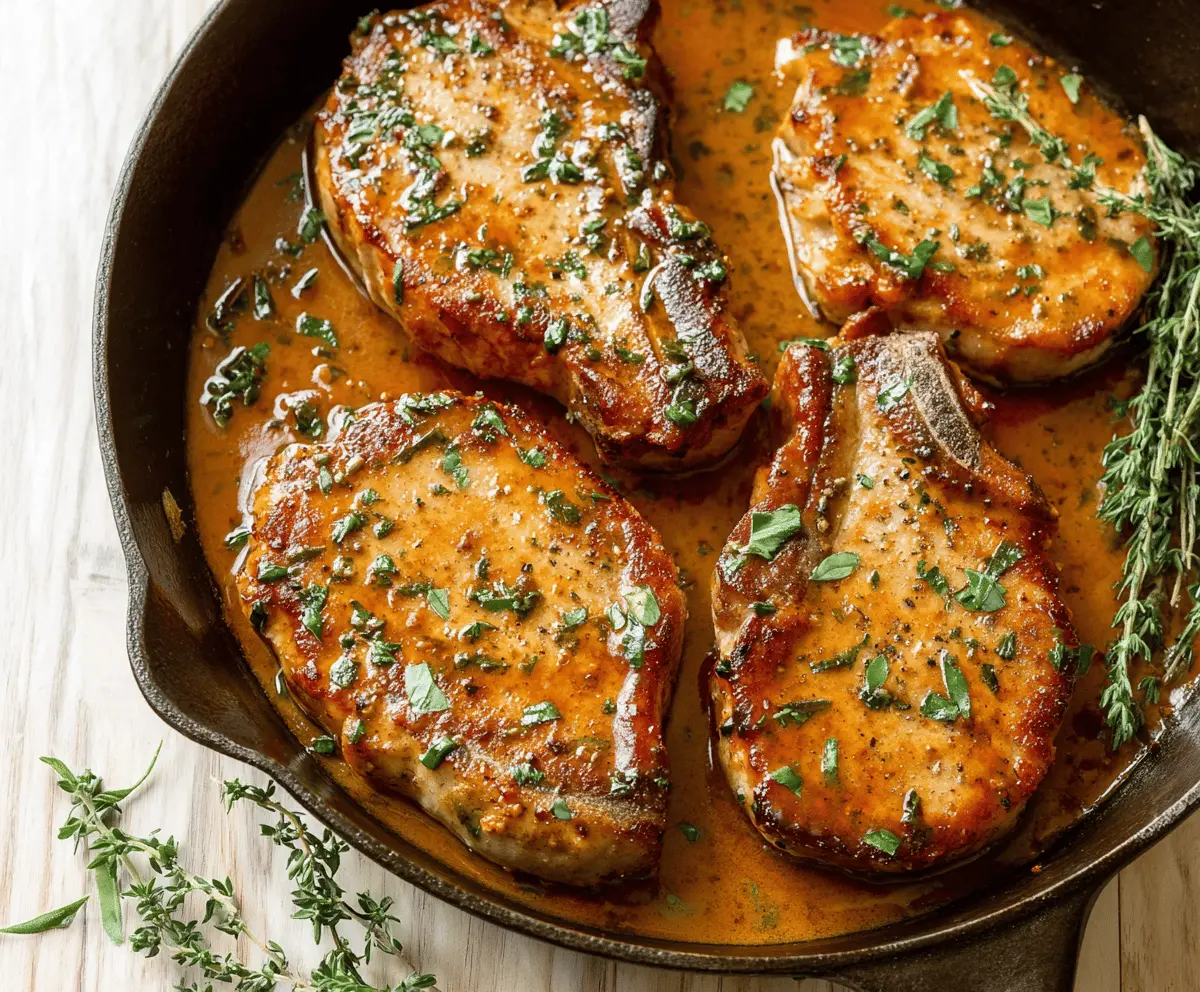Juicy ranch-seasoned pork chops cooked to perfection, served with fresh herbs and vegetables on a white plate.
