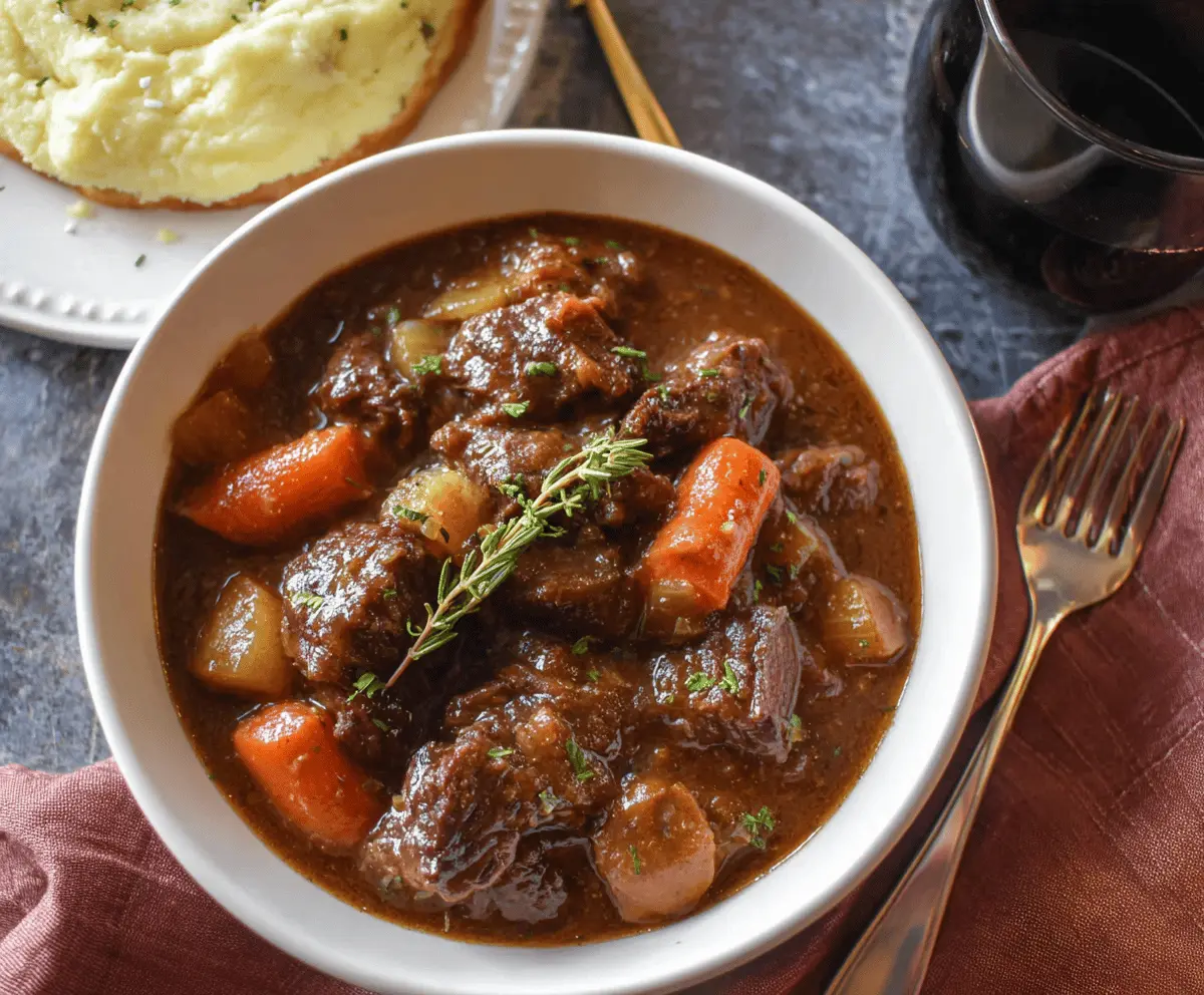 Hearty red wine beef stew with tender beef chunks, vegetables, and rich broth in a rustic bowl.
