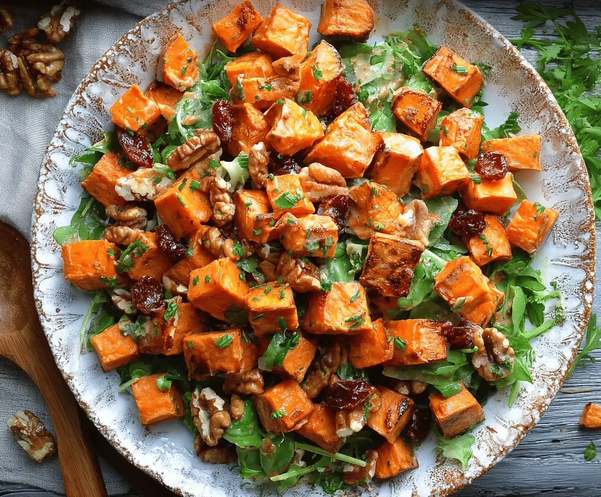 Colorful roasted sweet potato salad with fresh greens, avocado slices, and a drizzle of dressing, perfect for a healthy, flavorful meal.