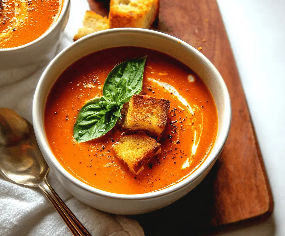 Creamy roasted tomato soup garnished with fresh basil leaves in a rustic bowl, perfect for a cozy meal.