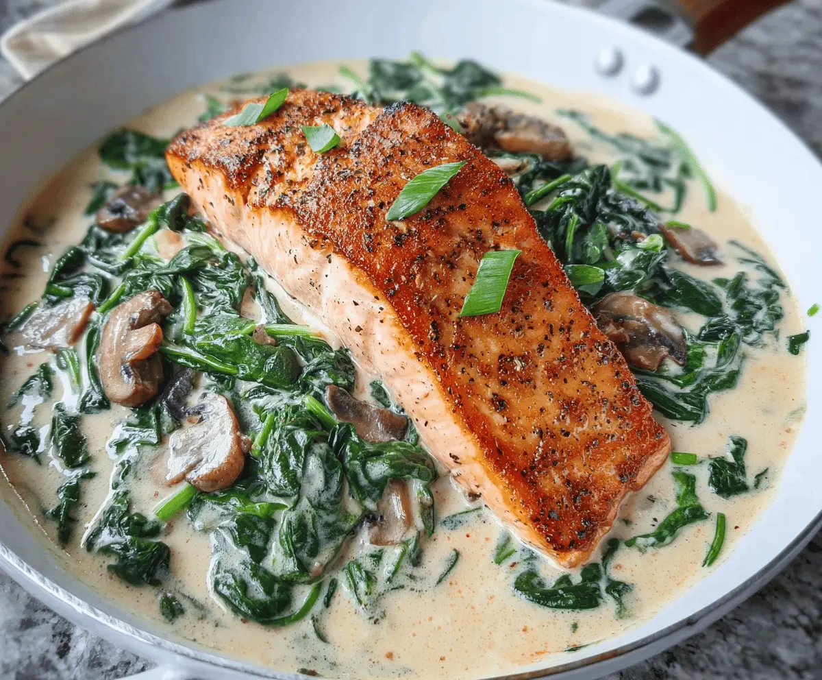 Delicious baked salmon Florentine topped with fresh spinach and creamy garlic sauce on a white plate.
