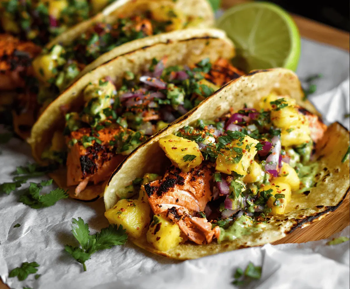 Delicious salmon tacos topped with fresh pineapple avocado salsa, served on a plate with lime wedges and cilantro garnish