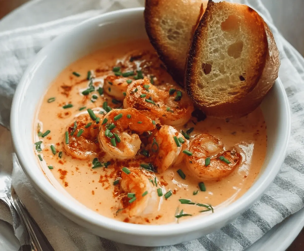 Creamy shrimp bisque served in a bowl with fresh herbs, showcasing a rich seafood soup with tender shrimp and a smooth, flavorful broth.