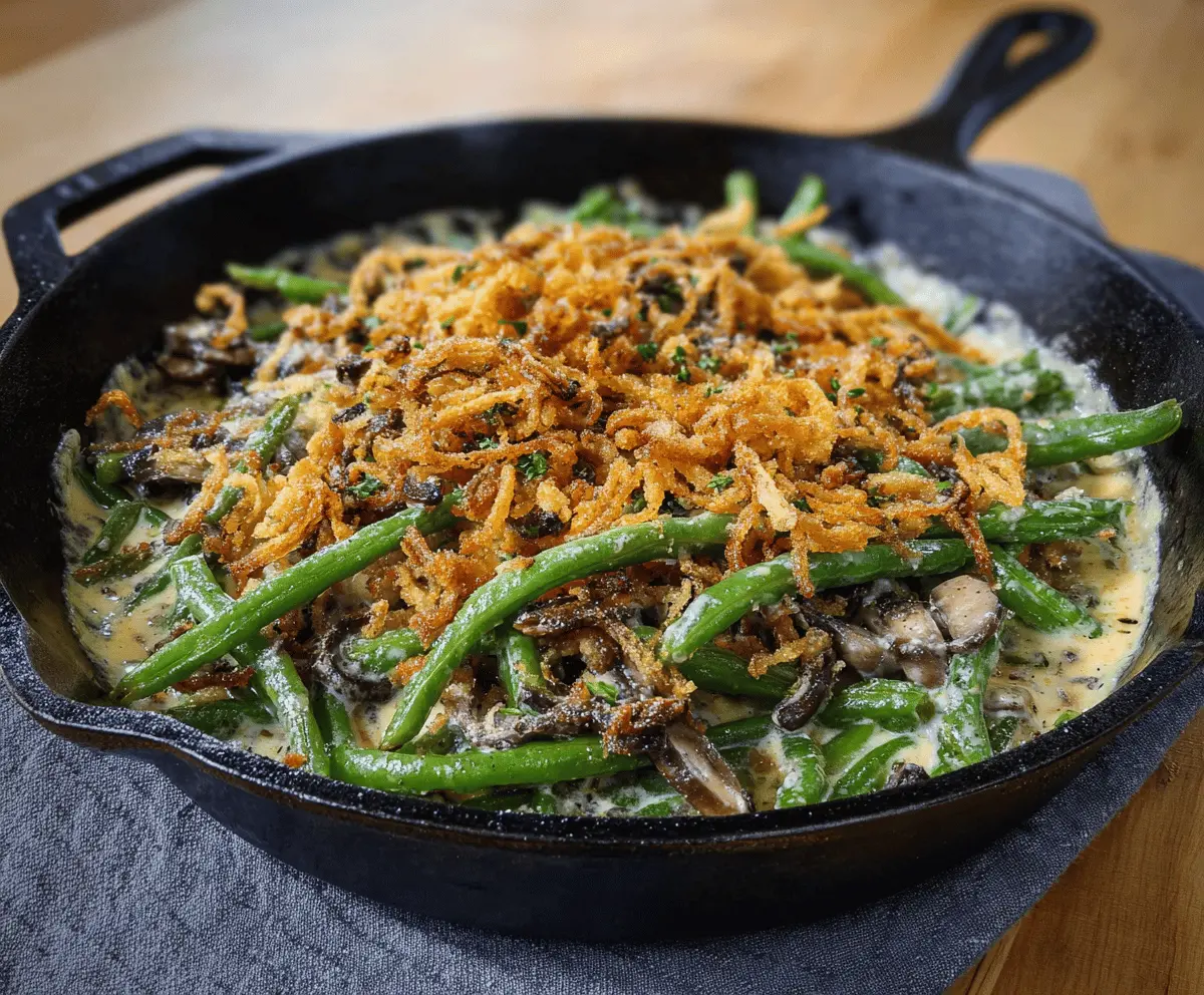 Delicious skillet green bean casserole topped with crispy fried onions, served in a rustic skillet for a flavorful side dish.