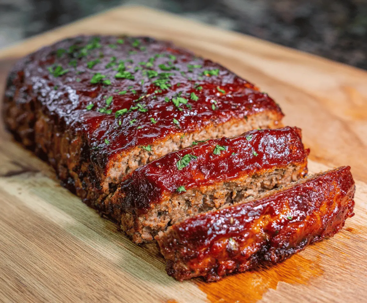 Juicy smoked meatloaf served with a side of vegetables on a rustic plate