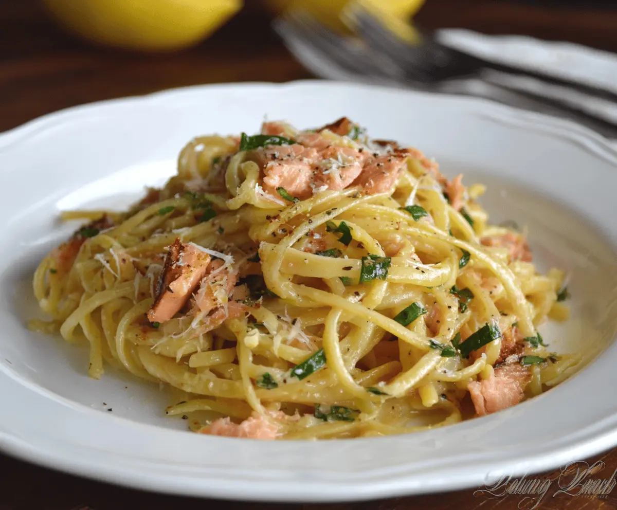 Delicious smoked salmon carbonara pasta with creamy sauce and fresh herbs