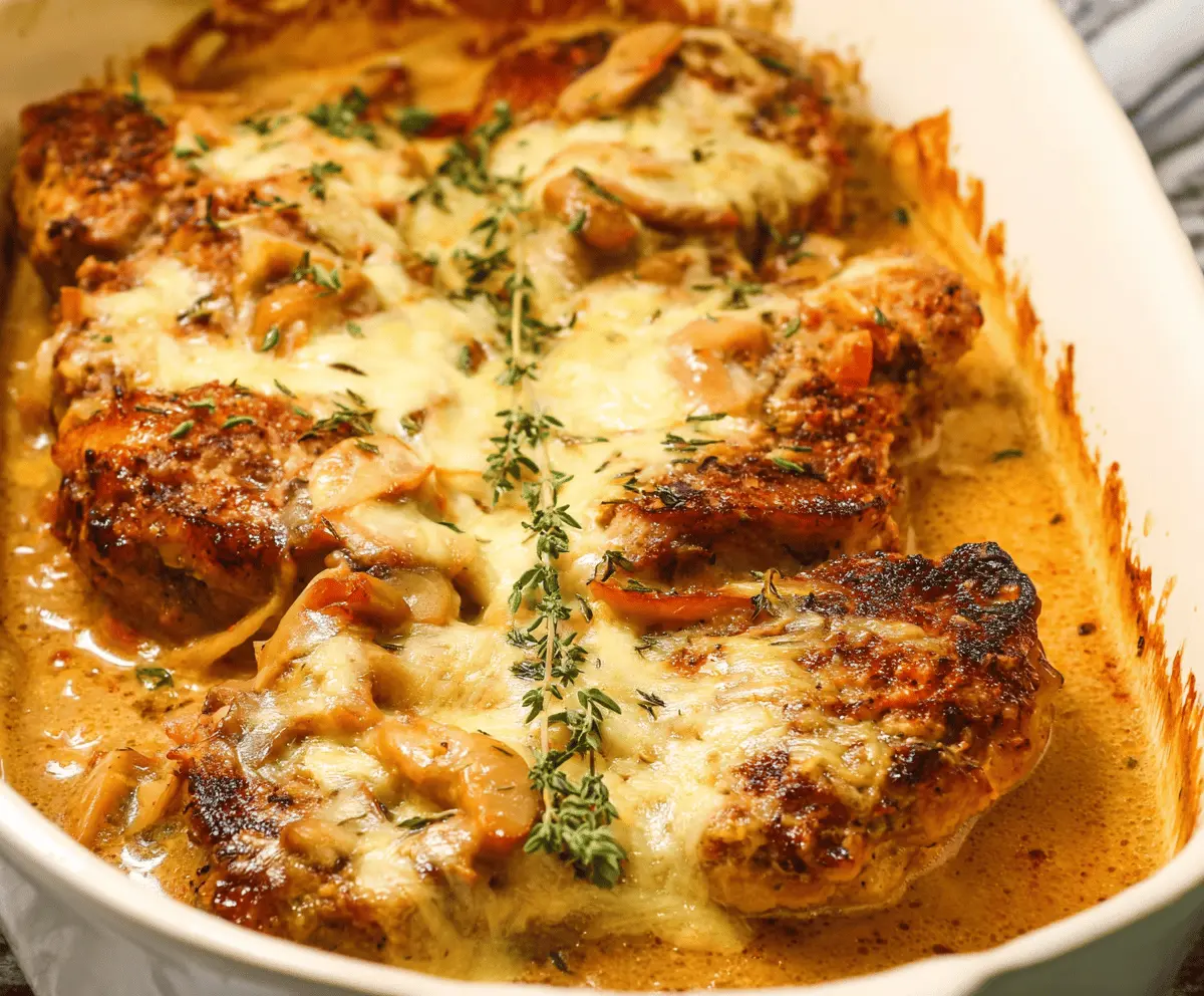 Delicious smothered pork chop casserole topped with melted cheese and crispy onions, served in a baking dish