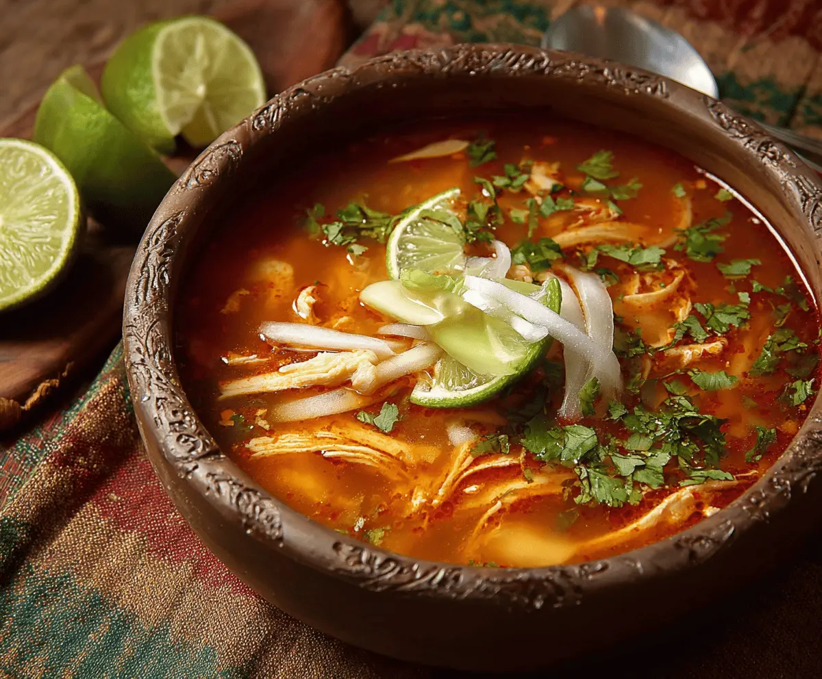 Delicious Sopa de Lima, traditional Mexican lime soup with fresh herbs and garnishes, served in a bowl