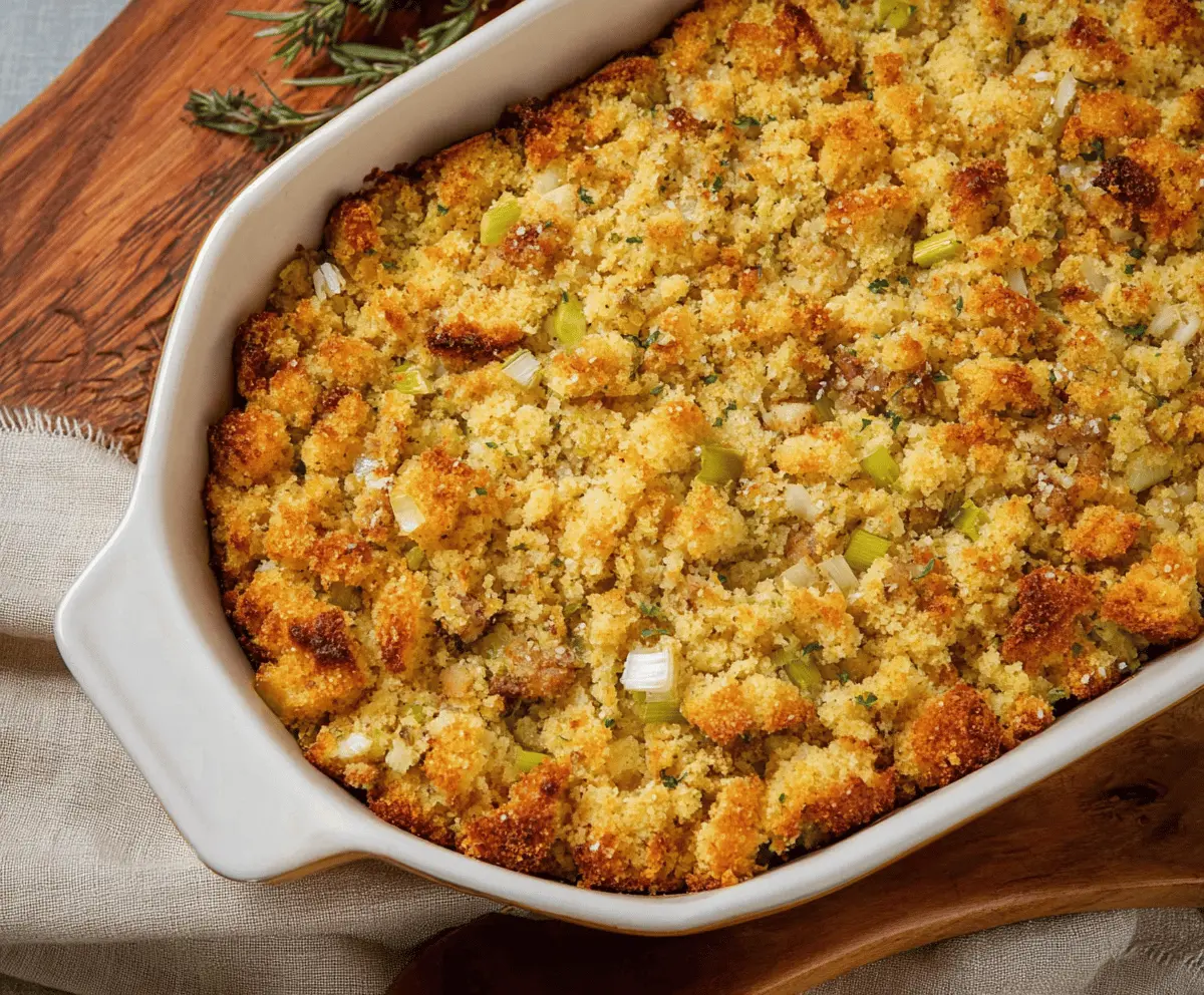 Delicious Southern Cornbread Dressing with golden-brown cornbread crumbs, herbs, and savory ingredients, perfect for holiday dinners.