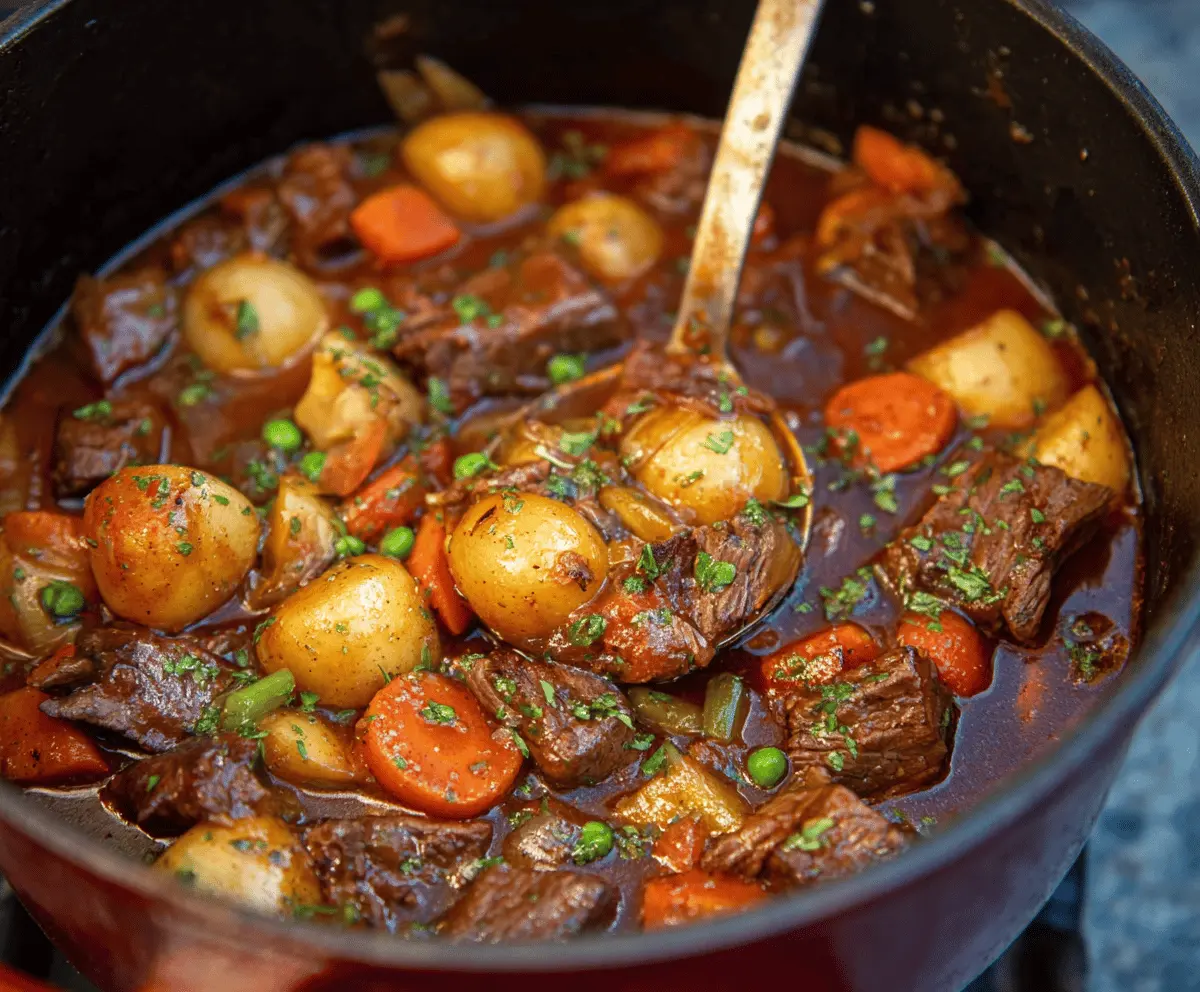 A steaming bowl of hearty stovetop beef stew with tender beef chunks, vegetables, and rich gravy served in a rustic bowl.