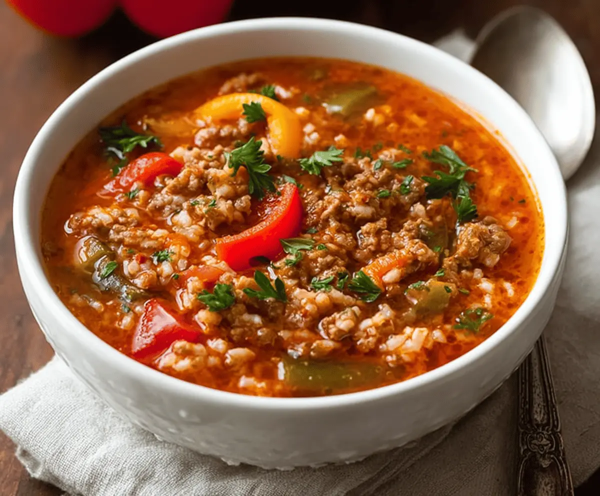 Creamy Stuffed Bell Pepper Soup featuring colorful bell peppers, ground meat, tomatoes, and herbs served in a bowl for a hearty, comforting meal.