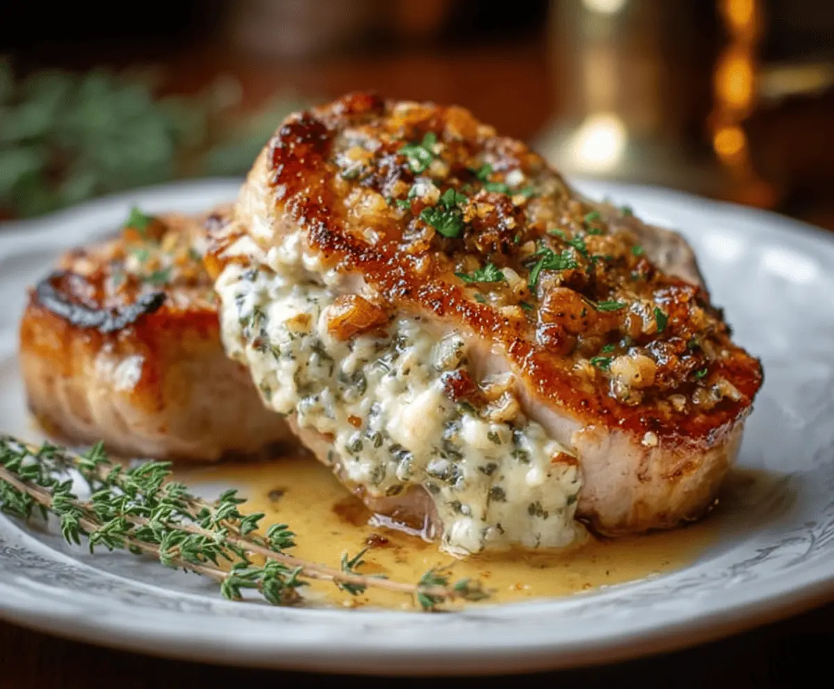 Juicy stuffed pork chops filled with cheese and herbs, served with vegetables on a plate for a delicious meal.