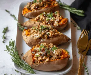 Baked stuffed sweet potatoes topped with seasoned ground turkey and fresh herbs for a hearty, healthy meal.