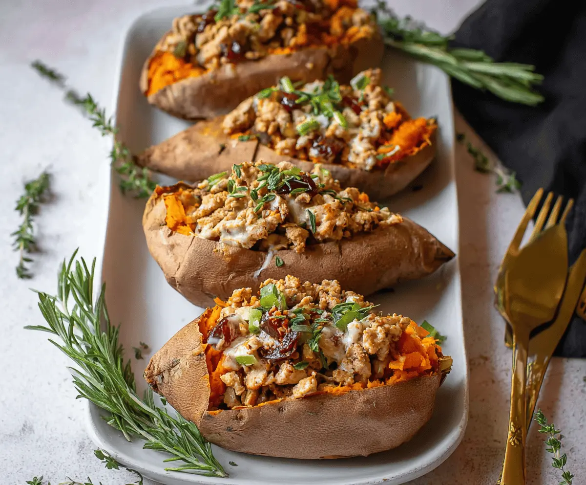 Baked stuffed sweet potatoes topped with seasoned ground turkey and fresh herbs for a hearty, healthy meal.