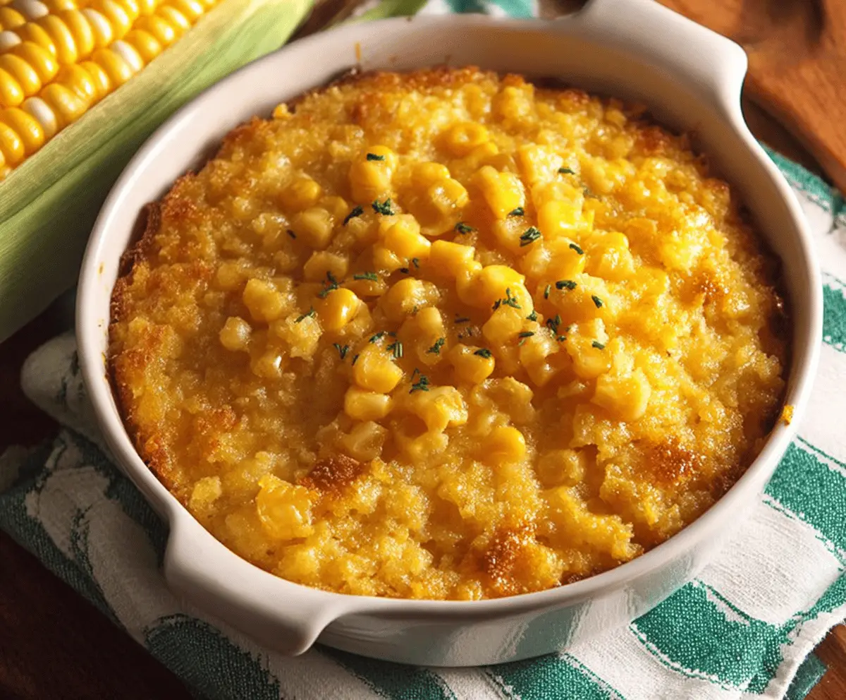 Delicious homemade Sweet Corn Casserole topped with golden melted cheese and fresh herbs, served in a baking dish perfect for family dinners.