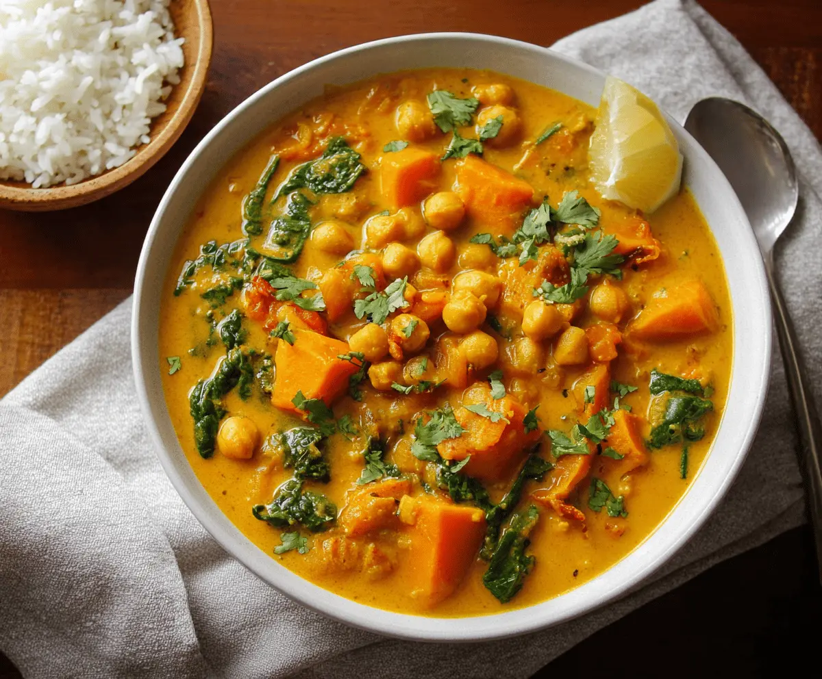 Creamy sweet potato chickpea curry soup topped with fresh cilantro and a drizzle of coconut milk in a bowl