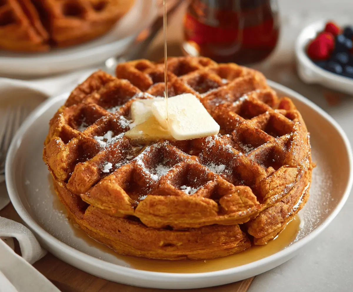 Golden-brown sweet potato waffles topped with fresh fruit and syrup, served on a white plate for a delicious breakfast.