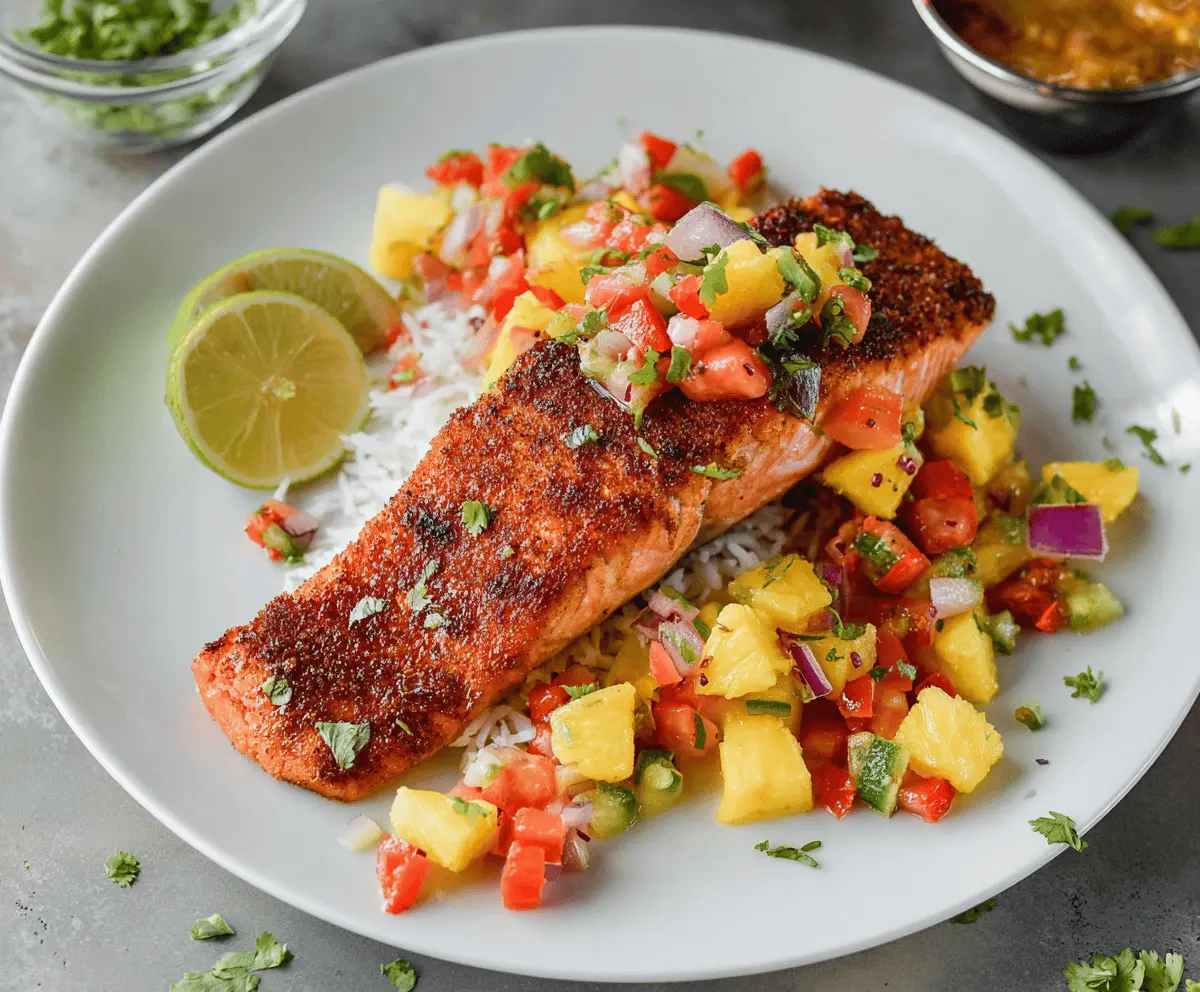 Tropical Coconut Crusted Salmon topped with vibrant Pineapple Salsa, served with fresh herbs and citrus slices for a flavorful seafood dish