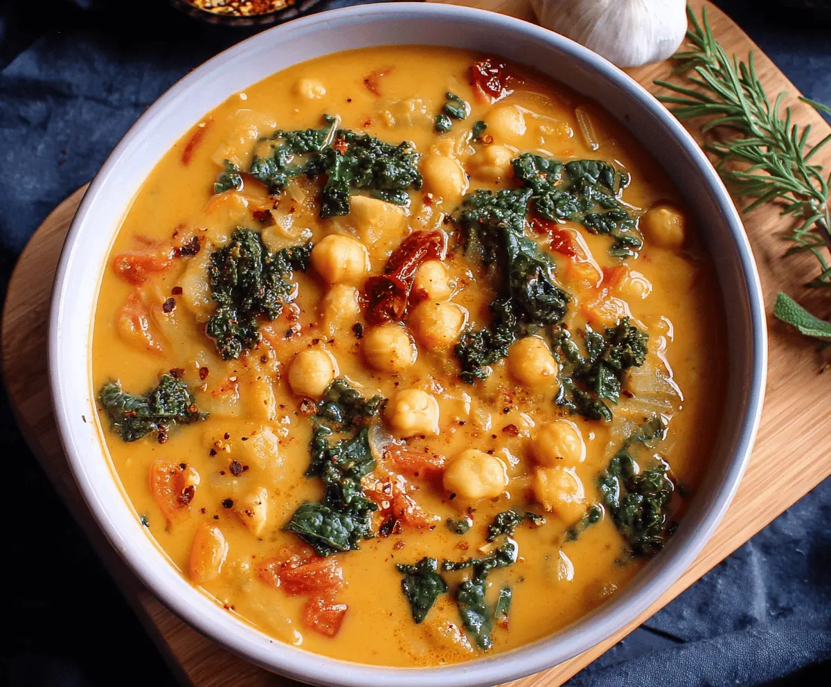 Hearty Tuscan Chickpea Soup in a bowl garnished with fresh herbs and drizzled olive oil, perfect for a comforting and nutritious meal.