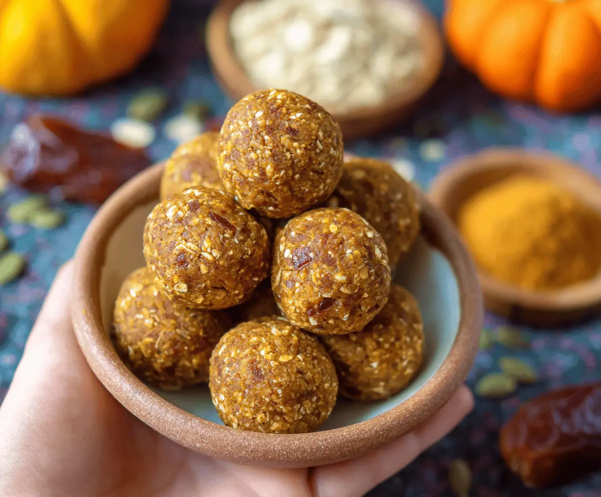 Delicious vegan pumpkin protein balls on a white plate, featuring orange pumpkin mixture with shredded coconut and chia seeds for a healthy snack