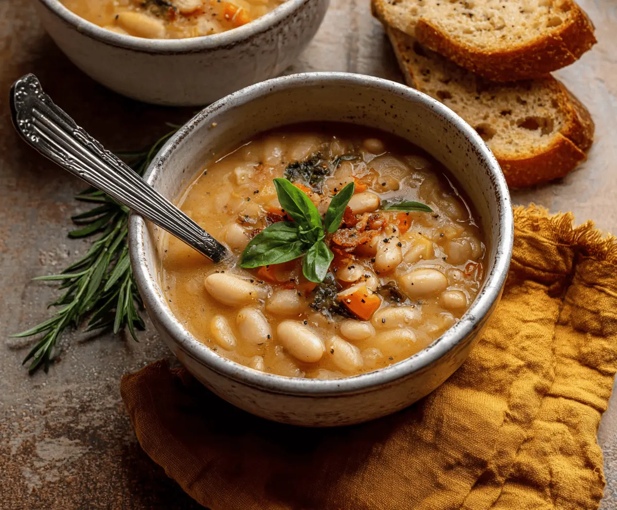 Creamy white bean soup garnished with fresh herbs in a rustic bowl, perfect for a comforting and healthy meal.