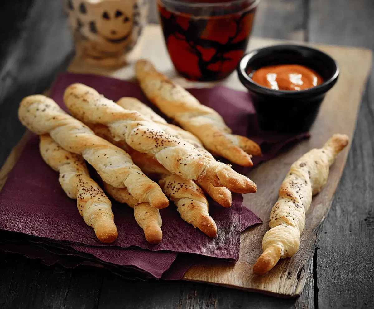 Golden-brown witch finger breadsticks with almond nails and eerie olive fingernails on a spooky Halloween-themed plate.