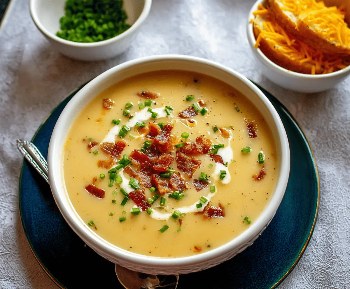 Creamy Yukon Gold Potato Soup topped with fresh herbs in a rustic bowl, perfect for comforting, hearty meals.