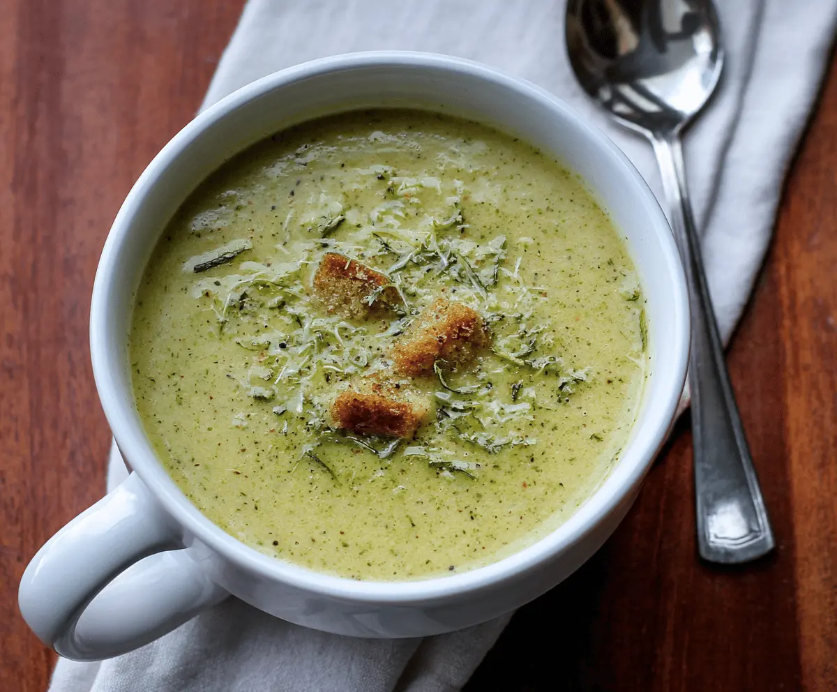 Creamy zucchini soup garnished with fresh herbs in a white bowl, perfect for a healthy and delicious appetizer or light meal.