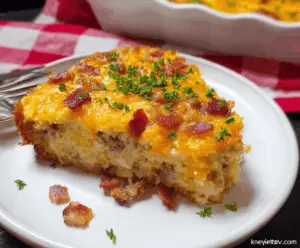 Delicious Amish Breakfast Casserole with eggs, cheese, and breakfast meats in a baking dish.
