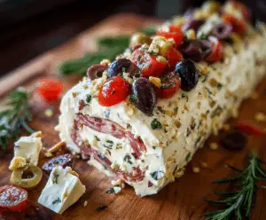 Antipasto Cream Cheese Log served on a platter with colorful vegetables and crackers.