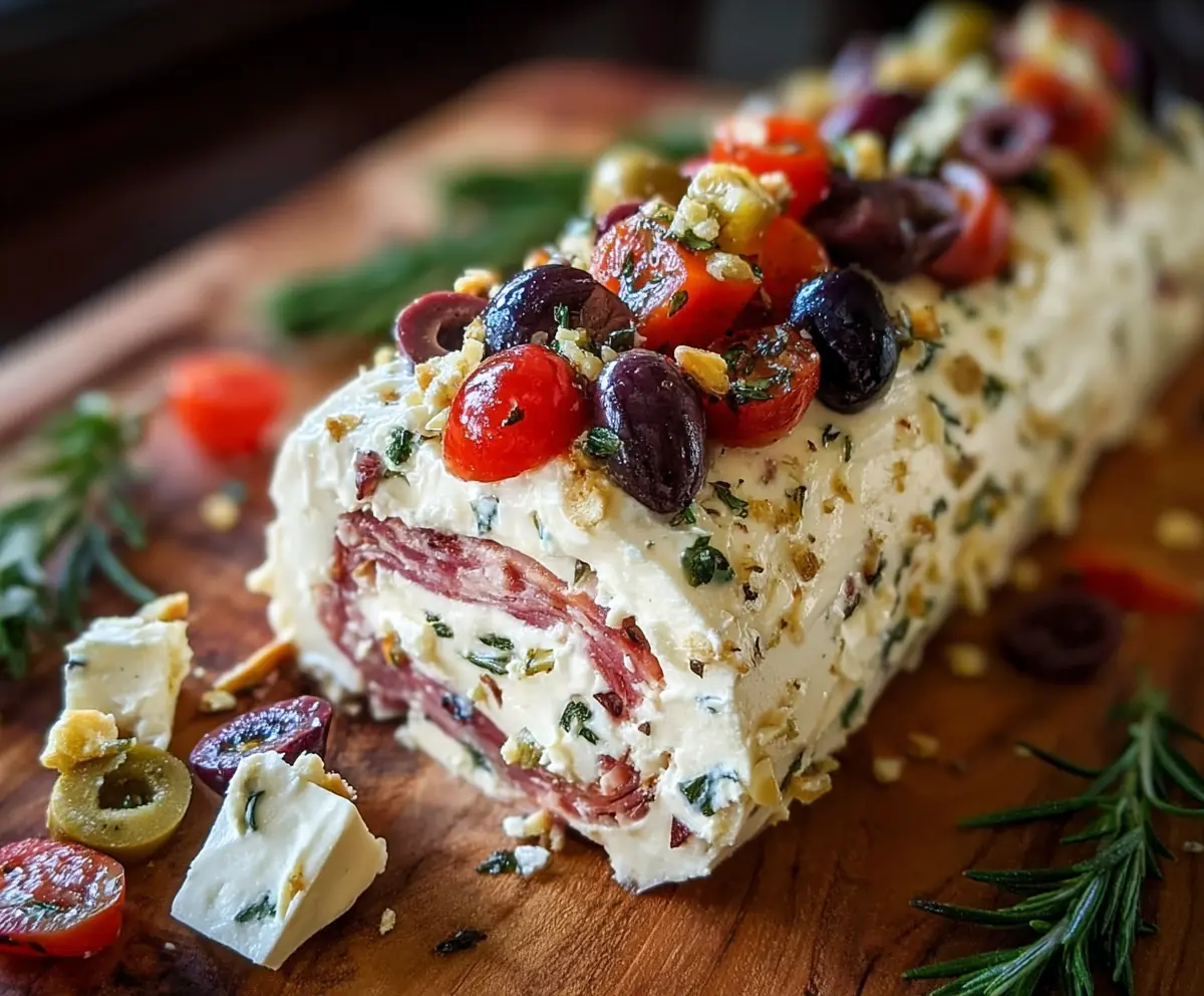 Antipasto Cream Cheese Log served on a platter with colorful vegetables and crackers.