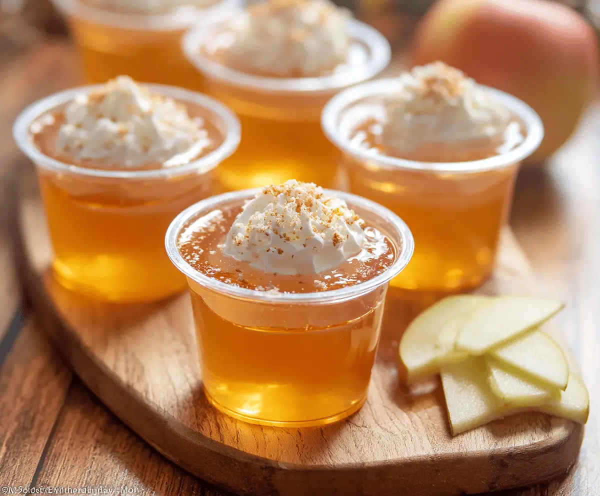 Delicious Apple Pie Jello Shots served in small cups with cinnamon and apple slices.