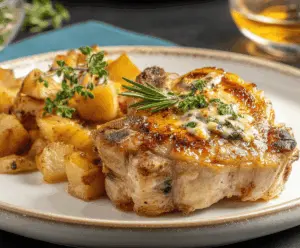 Juicy Apple Stuffed Pork Chops served with fresh herbs on a rustic plate.