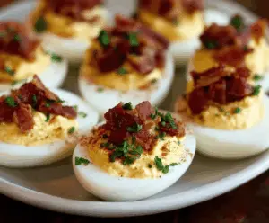 Creamy bacon deviled eggs garnished with chopped bacon and herbs on a rustic plate