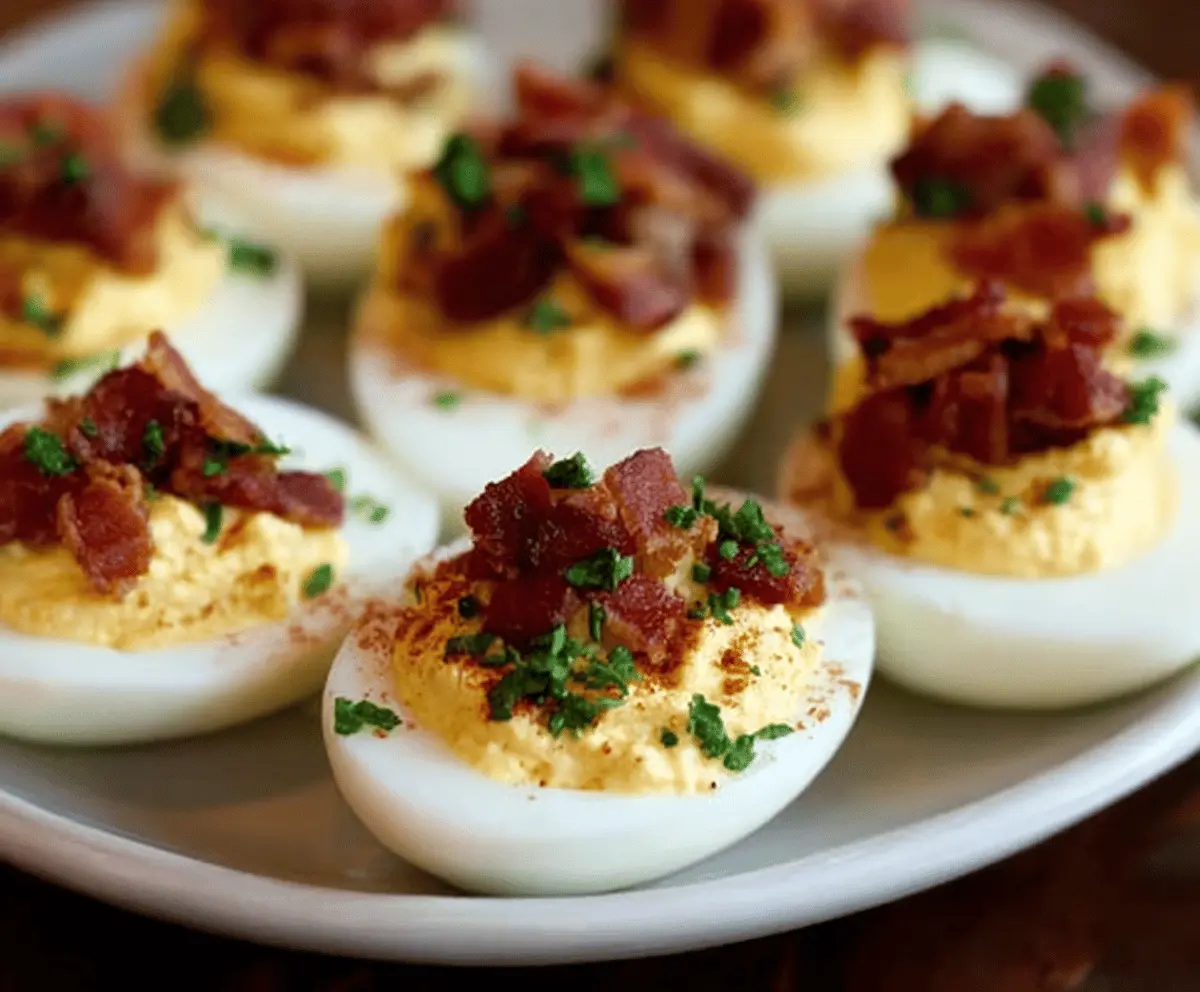 Creamy bacon deviled eggs garnished with chopped bacon and herbs on a rustic plate