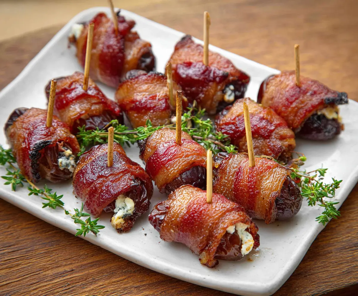 Delicious bacon-wrapped dates stuffed with creamy goat cheese, perfect for appetizers.