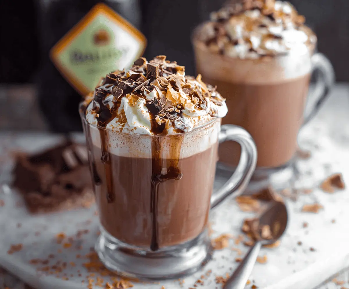 Creamy Baileys hot chocolate topped with whipped cream and cocoa powder, perfect for cozy winter evenings.