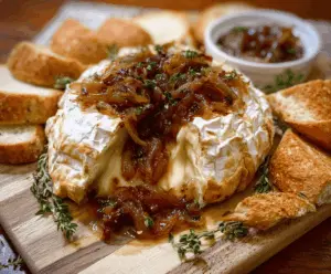 Delicious baked brie cheese topped with sweet caramelized onions, served as an appetizer.
