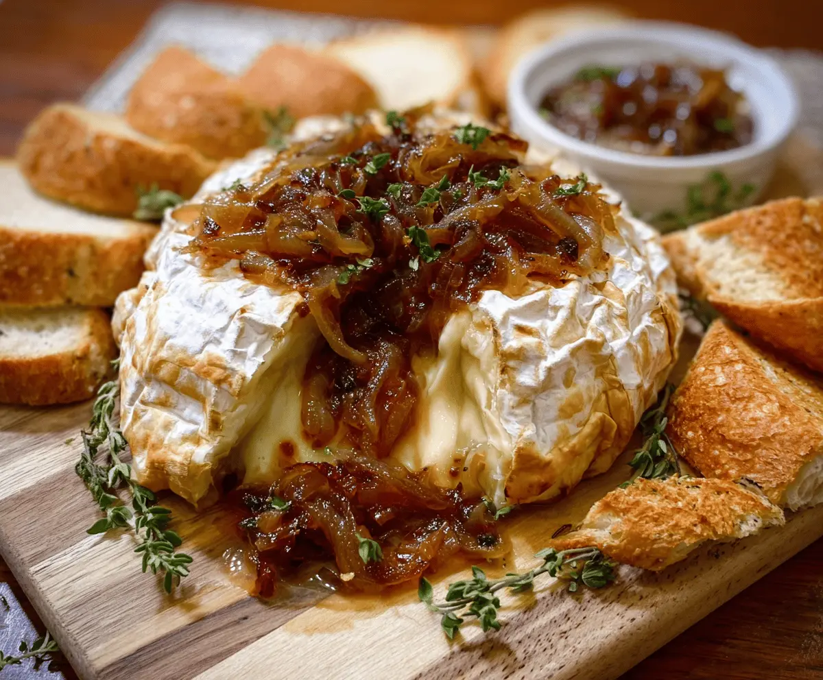 Delicious baked brie cheese topped with sweet caramelized onions, served as an appetizer.