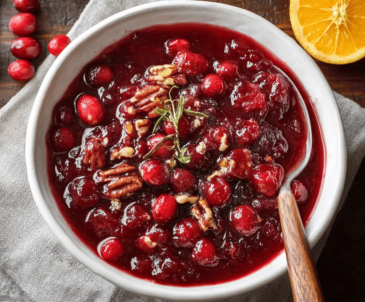 Delicious baked cranberry sauce in a bowl with fresh cranberries and herbs