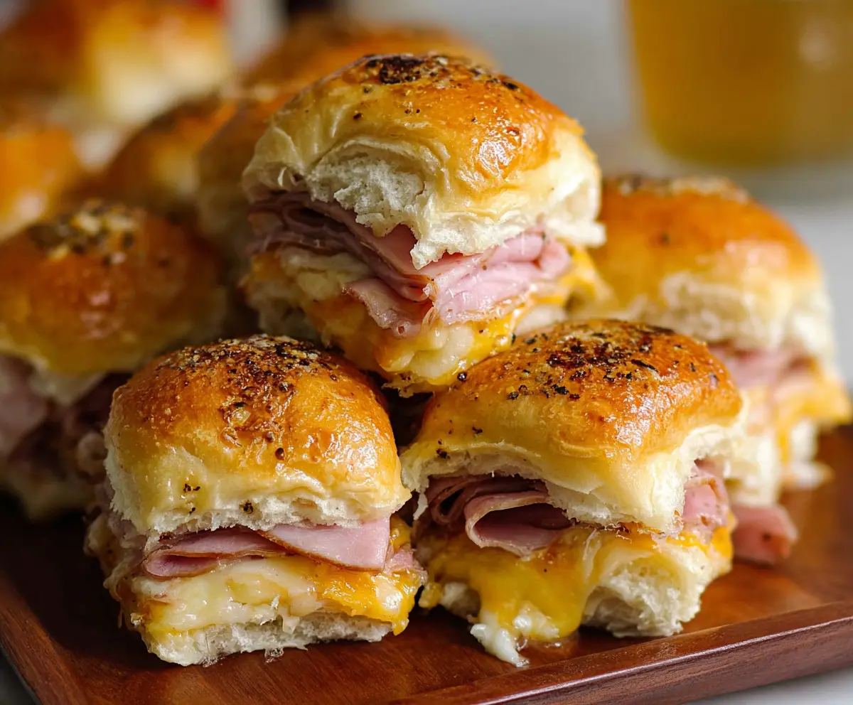 Delicious baked ham and cheese sliders on a serving platter, perfect for appetizers or snacks.