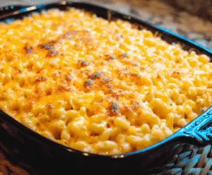 Creamy baked mac and cheese in a baking dish with golden crispy top, served hot.