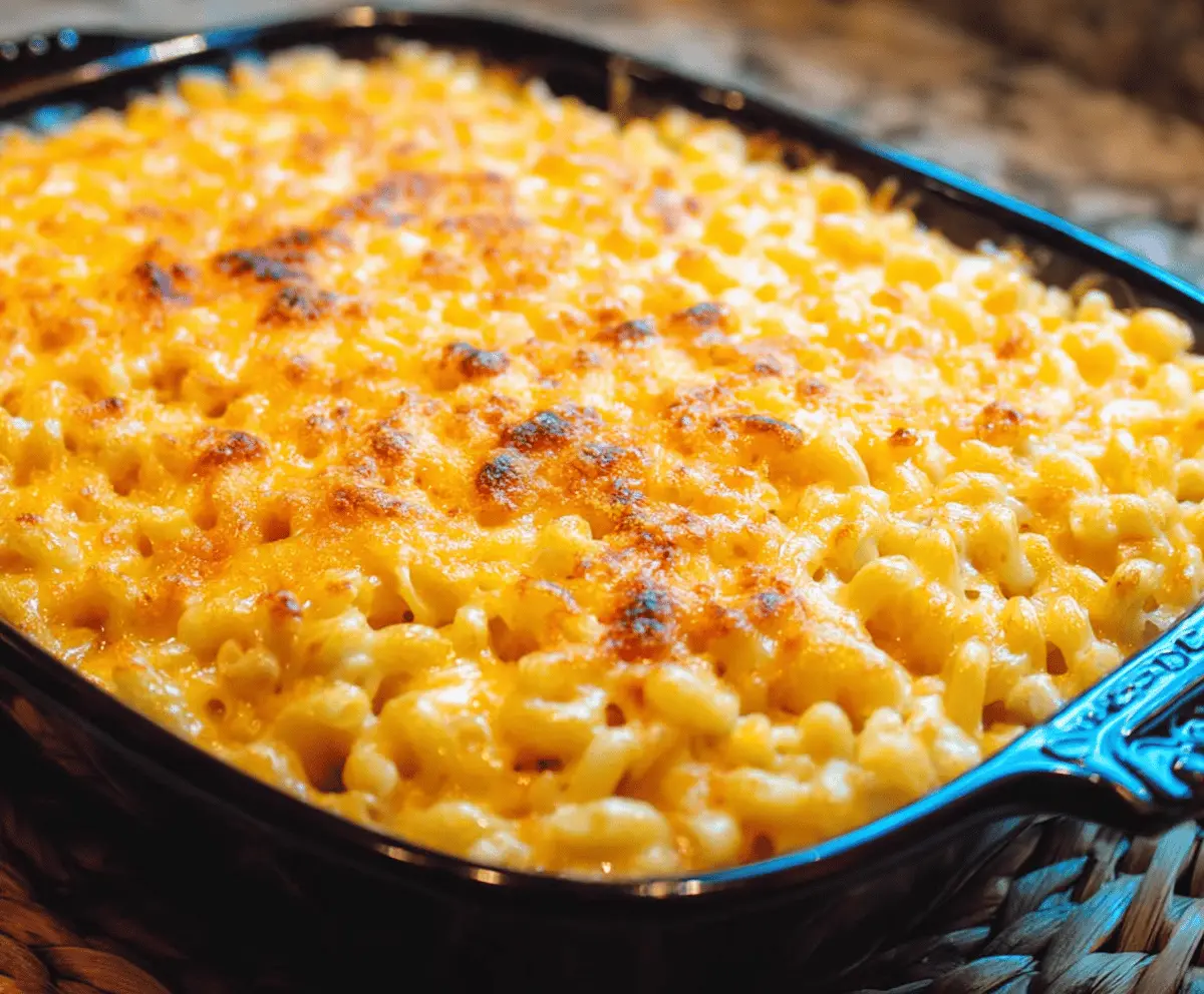 Creamy baked mac and cheese in a baking dish with golden crispy top, served hot.