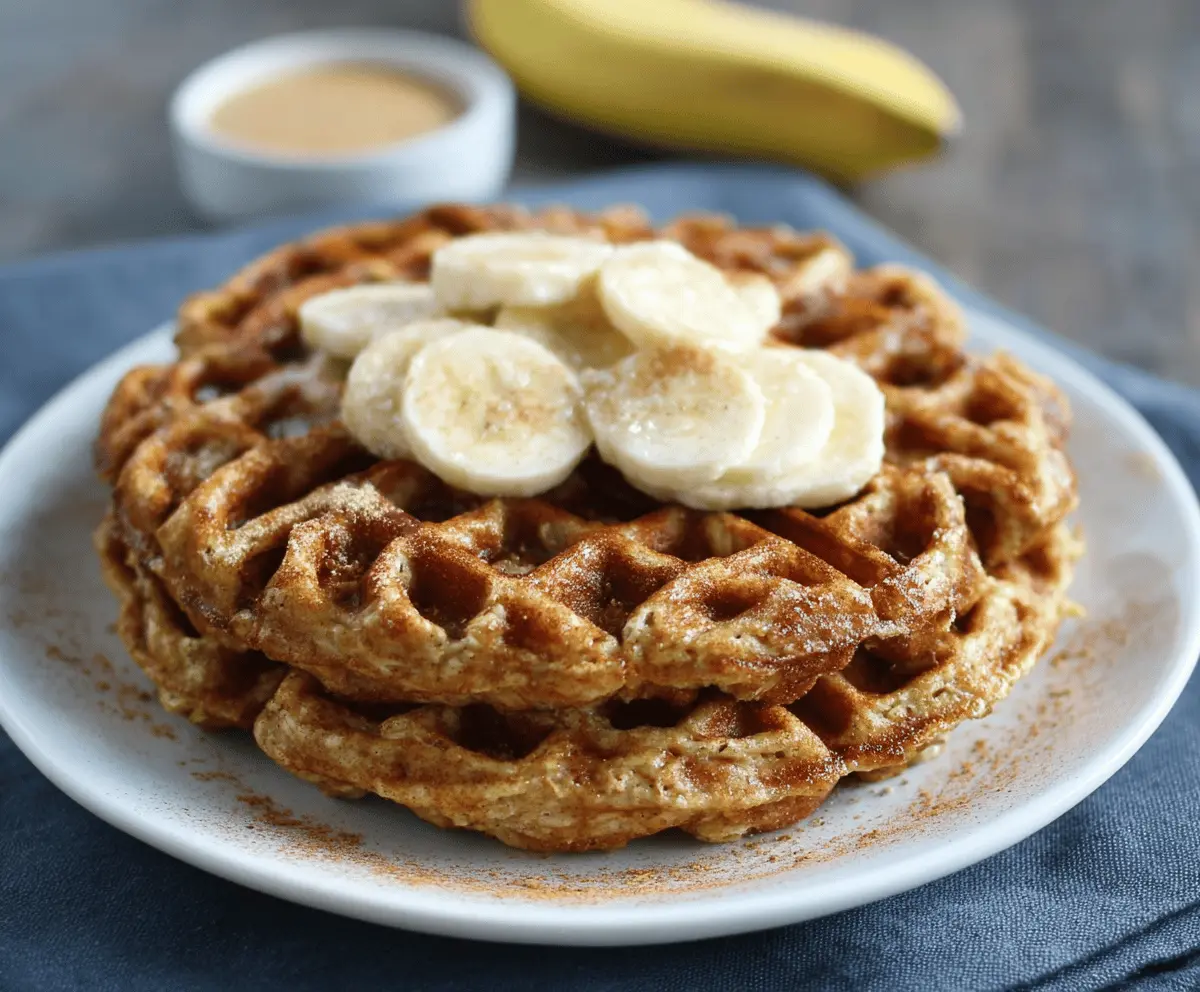 Delicious Banana Oatmeal Waffles topped with fresh banana slices and a drizzle of syrup.