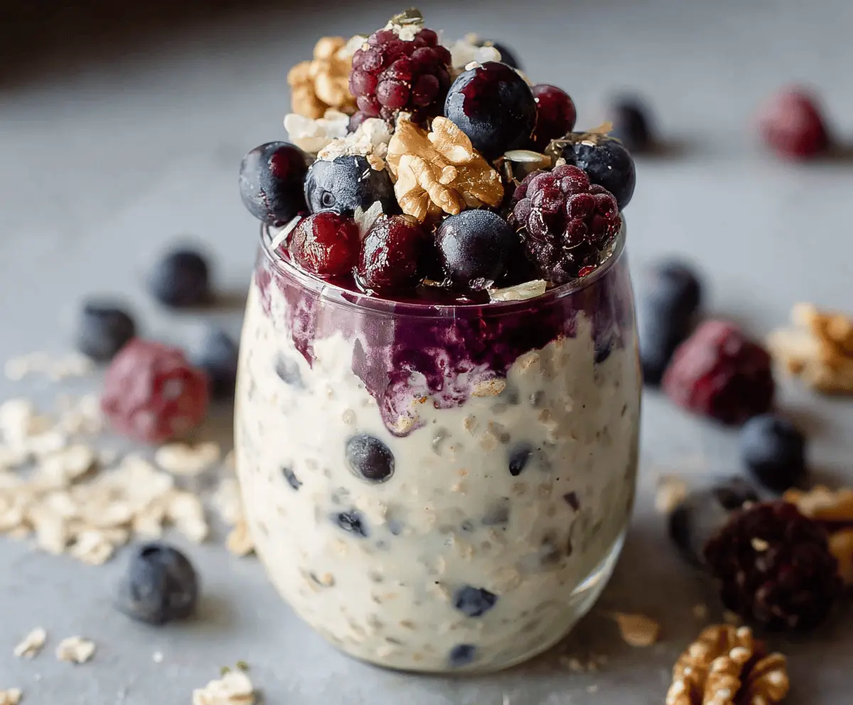 Healthy Berry Overnight Oats in a glass jar with fresh berries and chia seeds for a nutritious breakfast