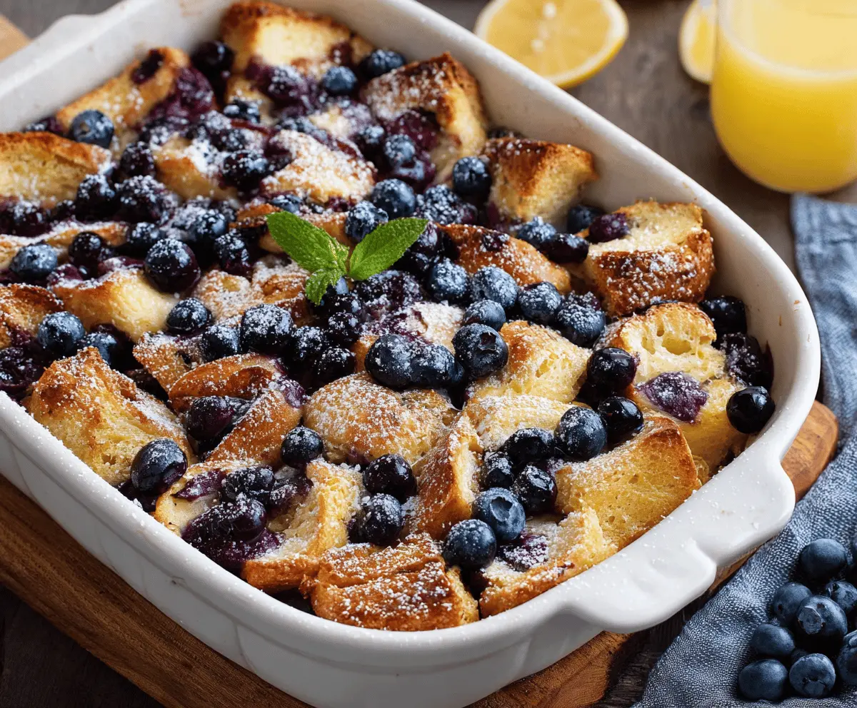 Delicious Blueberry French Toast Casserole topped with fresh blueberries and powdered sugar.